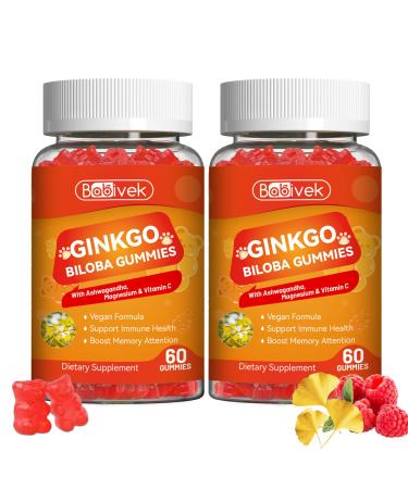 Babivek 2 Pack Ginkgo Biloba Gummies with Ashwagandha Vitamin C & Magnesium - Vegan Non-GMO Gluten-Free - Raspberry Flavor 120 Count