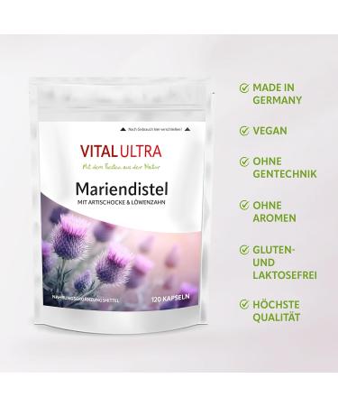 Vital Ultra Milk Thistle - 120 Vegan Capsules with 80% Silymarin Artichoke & Dandelion Extract - Premium German Supplement - Buy Online on GoSupps.com