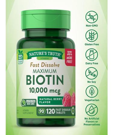 Nature's Truth Biotin 10000mcg 120 Fast Dissolve Tablets - Maximum Strength Hair Skin and Nails Supplement - Natural Berry Flavor - Vegetarian Non-GMO Gluten Free - Buy Online on GoSupps.com