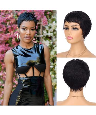 Yargel Hair Glueless Wear and Go Wig Pixie Cut Human Hair Wigs for Black Women Short Layered Pixie Wig with Bangs Full Machine Made Glueless Wigs for Daily Use(1B) 3 Inch 1B