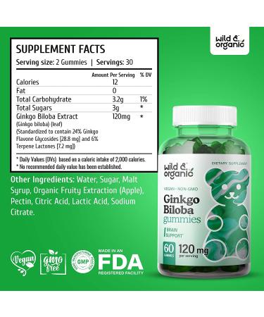 Wild Organic Ginkgo Biloba Gummies - Brain & Mental Support Supplement for Mood, Focus, Energy & Blood Circulation - Vegan Non-GMO - 60 Chews - Buy Online on GoSupps.com