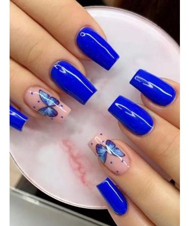 24pcs Butterfly Coffin Fake Nail Blue Butterfly Press on Nails Trendy Butterfly Coffin Nails Luxurious Nails Acrylic Nails Fake Nails For Women Girls
