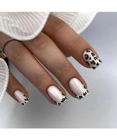 Leopard Press on Nails Medium Square Fake Nails with Design White Glue On Nails French Tips False Nails Glossy Acrylic Nails Press Ons Reusable Artificial Nails For Women Girls Manicure 24PCS 16 0.04 Fl Oz (Pack of 24)