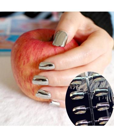 URTJSDG Artificial Nails - Metal Plating False Acrylic Nail Tips for Fashionable Ladies - Short Silver - No Glue Needed - Buy Online on GoSupps.com