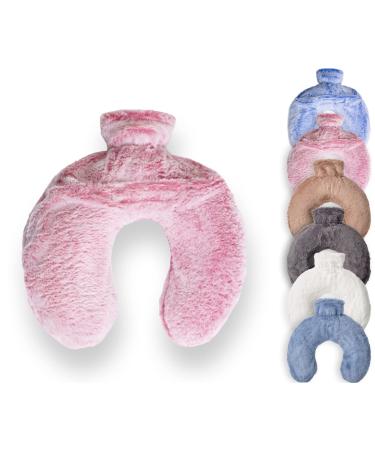 Luxury Hot Water Bottle with Faux Fur Cover Soft Fluffy Neck U Shape Cosy Fleece 1.8L Capacity (Soft Pink)
