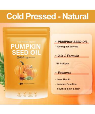 J-PRQ Pumpkin Seed Oil with Saw Palmetto- 180 Softgels - 3000mg -Cold Pressed - Pure Virgin Oil - Essential Fatty Acids & Phytosterols - Supports Hair - Urinary - Bladder & Prostate Health - Non-GMO - Buy Online on GoSupps.com