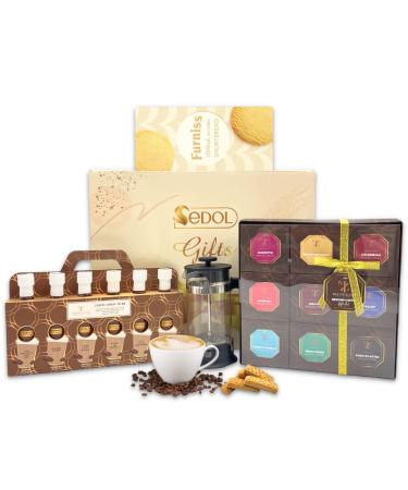 Coffee Gift Set Hamper - Flavoured Ground Coffee Medium-Dark Roasted Flavoured Coffee Syrup Shortbread & French Press Coffee Maker - Christmas Hamper Gift for Coffee Lover - Gifts for Him and Her Variety Ground Coffee Hamper