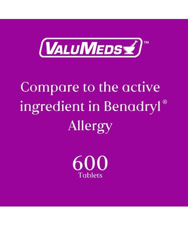 ValuMeds Allergy Medicine - 600 Tablets, Antihistamine Diphenhydramine HCl 25mg - Relief for Children and Adults, Itchy Eyes, Runny Nose, Sneezing - Buy Online on GoSupps.com