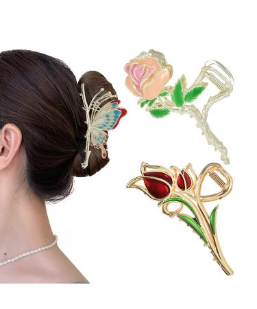 Yonchic 3-Piece Flower Metal Hair Clips for Thin/Medium Thick Hair - Elegant Red Tulip & Cute Pink Rose Hair Barrettes - Strong Hold Hair Clamps - Non-Slip Butterfly Hair Accessories - Buy Online on GoSupps.com