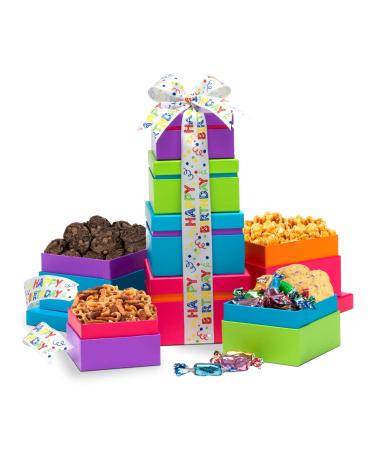 Broadway Basketeers Gourmet Food Gift Basket 4 Box Tower for Birthdays  Curated Snack Box, Sweet and Savory Treats for Parties, Best Wishes, Birthday Presents for Women, Men, Mom, Dad, Her, Him, Families