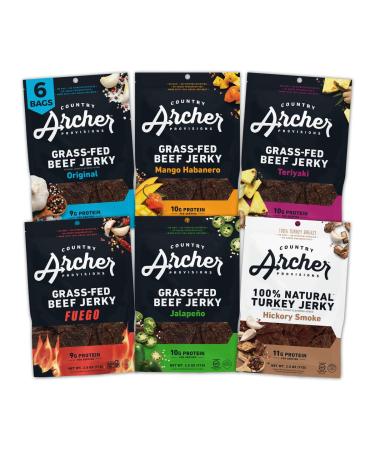 Beef and Turkey Jerky Variety Pack by Country Archer, 6 Flavors, 100% Grass Fed, 100% Natural, High Protein Snacks, 2.5 Ounce, 6 Pack (Packaging May Vary) Beef and Turkey Jerky 2.5 Ounce (Pack of 6)