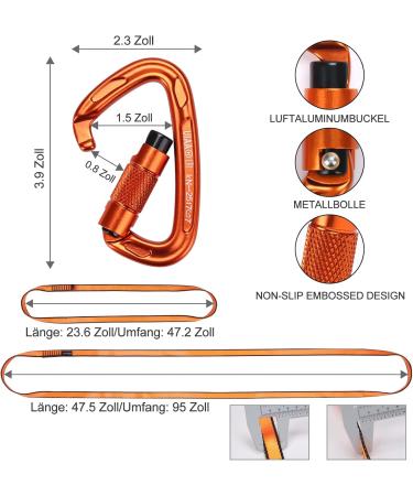 Karabiner Climbing Equipment Set - 2 UIAA Certified 25kN Auto Locking Carabiners + 2 23kN Nylon Ropes for Climbing Mountaineering & Hiking - Durable Orange & Black 4-Part Kit - Buy Online on GoSupps.com