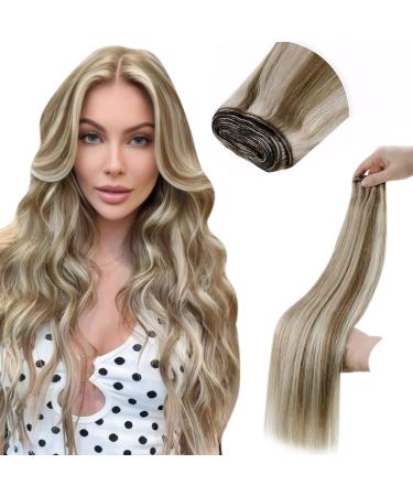 LAAVOO extensions Tressen Real Hair Brown Highlight Hair Gresses Real Hair For Sewing Highlight Highlight Platinblond Sew In Weft Hair Extensions Real Hair Glatt 100Gram #P8/60 45cm 1.22 #P8/60