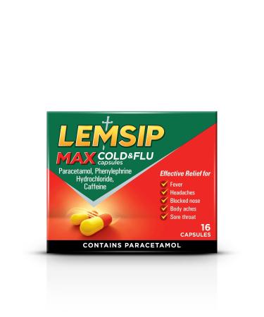 Lemsip Max Cold & Flu 16 Capsules Contains Paracetamol For Fever Headaches Body Aches Blocked Nose Sore Throat Relief