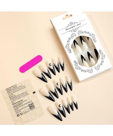 Buy Halloween Press on Nails - Long Stiletto Black Blood Gradient French Tip - 24 Pcs Full Cover Glossy Nails with Moon Designs for Women & Girls - Buy Online on GoSupps.com