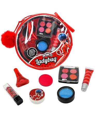 Miraculous Ladybug Kids Makeup Set - 10 Piece Bag with Nail Polish Hair Chalk Stickers & More - Safe Non-Toxic Pretend Play Cosmetics - Miraculous Ladybug Themed Makeup Kit for Children