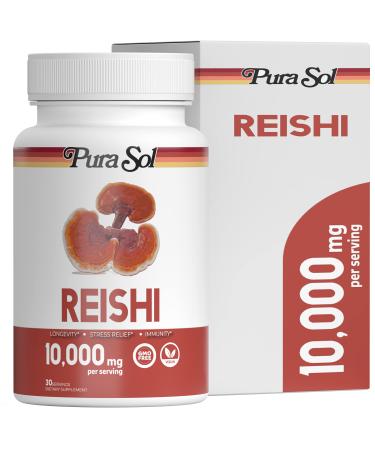 Pura Sol Reishi Mushroom Capsules 10 000 mg - 10:1 Ganoderma Powder Extract Supplement- Longevity  Boost Immune System  Support Heart Health  Manage Mood and Stress - Gluten Free & Vegan 60 Capsules