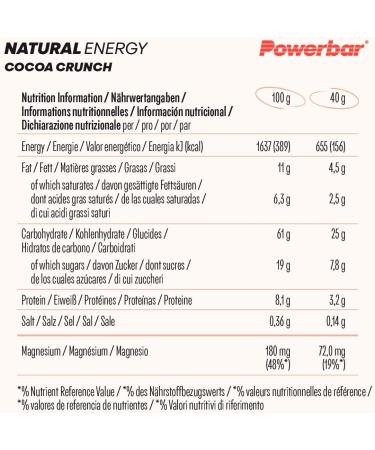 Powerbar Natural Energy Cereal Cacao Crunch 24x40g - Veganer Kohlenhydrat Energie Riegel + Magnesium - Buy Online on GoSupps.com