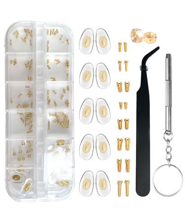 Eyeglass Repair Kit BAZQU 5 Pairs Nose Pads with Tiny Screws Nut Bolts Screwdriver and Tweezers for Glasses Sunglasses Spectacle Watch Repair, Gold