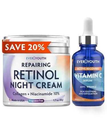 Night Cream Face Moisturizer & Vitamin C Serum 20% Bundle Retinol Collagen Niacinamide Anti Aging Overnight Mask and Stem Cell Serum - Save 20%