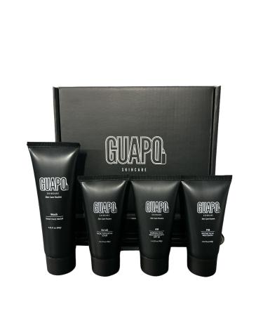 Guapo Skincare - Mens Skincare Routine Facewash Kit 4 Step Regime Including Face Wash Facial Scrub SPF20 Moisturiser and Nightime Lotion