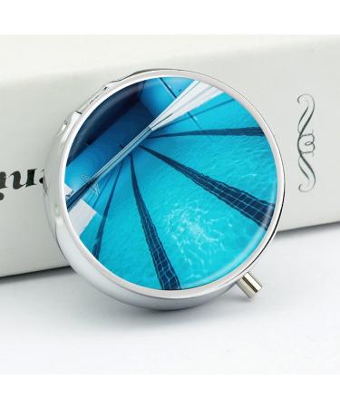 Round Blue Swimming Pool Print Pill Organizer - 3 Compartment Decorative Metal Pill Box for Travel - Buy Online on GoSupps.com