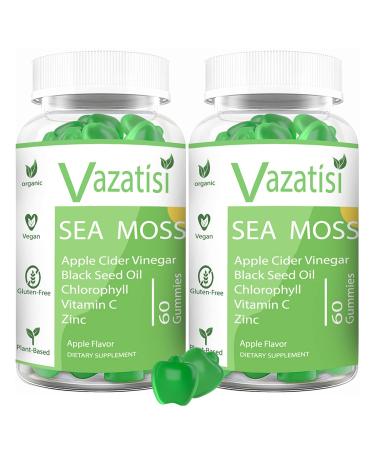 2 Pack Organic Irish Sea Moss Gummies with Apple Cider Vinegar, Black Seed Oil, Chlorophyll - Thyroid, Digestion, Mood, Energy & Immune Support - Women & Men, Adult & Kid - 120 Vegan Gummies 60 Count (Pack of 2)