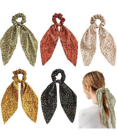 5 pieces of fashion flowers hair scarf with loop hair tie chiffon flower scrunchy long hair bands ties hair tie hair tie 2 in 1 ponytail hair jewelry for woman girl floral-5pc - Buy Online on GoSupps.com