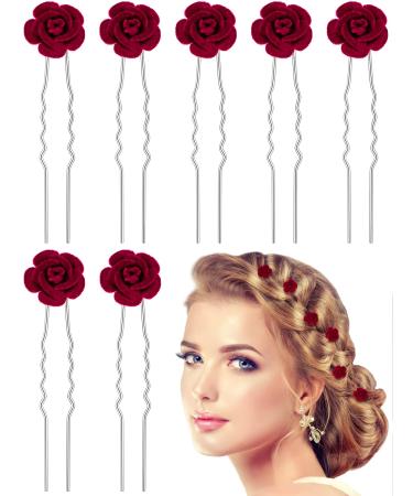 24 Pieces Red Rose Bridal Hair Pins Flower Hair Clips U Shaped Hair Jewelry Accessories for Bridal Wedding Dance Birthday Woman Girls Small Bobby Pins for Hair