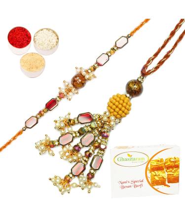 Ghasitaram Gifts Rakhis Online - Rakhi for Brother- RM-179 Bhaiya Bhabhi Rakhi with 400 GMS of Besan Barfi Rakhi Set with 400 gms of Besan Barfi
