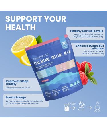 CMEDSTAR Calming Powdered Drink Mix Cortisol Supplement for Relaxation Focus & Stress Support Raspberry Lemonade 20 Packets Magnesium Glycinate L-Theanine Ashwagandha Vitamin D3 Sugar Free - Buy Online on GoSupps.com