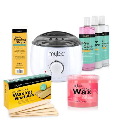 Mylee Salon Quality Waxing Kit Includes Wax Heater Rose Wax Waxing Strips Spatulas Mylee Pre and After Care Lotion and Equipment Cleaner (Rose Wax Kit)