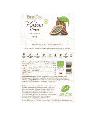 Organic Cocoa Butter for Chocolate & Cosmetics - Pureeraw 250g Vegan White Chocolate Sugar-Free Premium Quality - Buy Online on GoSupps.com