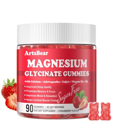 Magnesium Glycinate Gummies 1000mg with Calcium, Vitamin D3, B6 & CoQ10 - Strawberry, 90 Count - Calm Supplement for Sleep, Muscle Cramps & Stress Relief | Ashwagandha | Sugar-Free & Vegan Strawberry 90 Count (Pack of 1)