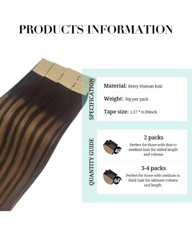 Tape in Human Hair Extensions 18 Balayage Dark Brown to Chestnut Brown - Remy Straight Skin Weft - 50g 20pcs by DOORES - Buy Online on GoSupps.com