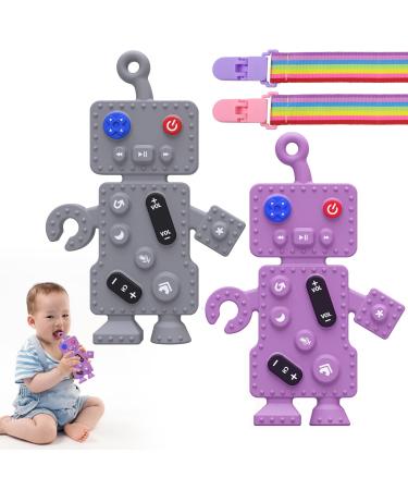 2 Pack Baby Teething Toys -Robot Shape Silicone Baby Toys 6 to 12 Months Teething Toys for Babies 0-6 Months Relief Baby Teething Gum Discomfort Baby Chew Toys Sensory Toys BPA Free(Grey+Purple)