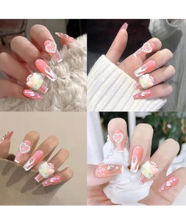 24Pcs Y2K Cute Kawaii French Flame Press on Nails Long Coffin Hot Pink False Nails with 3D Nail Charms - Acrylic Glue On Nails with Cartoon, Heart, Pearl, Bow, Glitter & Rhinestone Designs - Buy Online on GoSupps.com