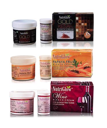 Nutriglow Gold Kesar 43 Gm Papaya Fruit 43 Gm Wine Bleach Cream 43 Gm for Lightening Facial Hair Tan Removal Dark Spot Corrector Bright Skin No Unwanted Facial Hair All Skin Types Pack of 3
