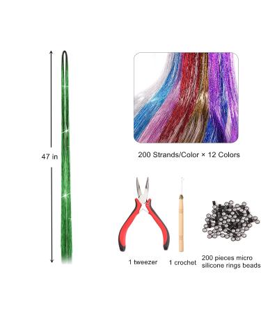 47 Hair Tinsel Kit with Tool - 12 Colors, 2400 Strands Glitter Fairy Hair Extensions for Women & Girls - Perfect for Christmas, New Year, Halloween Parties - Buy Online on GoSupps.com