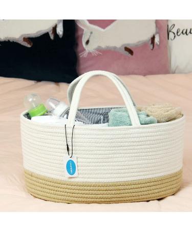 Casaphoria Large Baby Diaper Caddy Organizer - Nursery Storage Bin for Boys & Girls | Car Organizer - Cotton Rope Basket Portable Bag | Baby Shower Gift (White/Yellow 15.5 x10 x7) - Buy Online on GoSupps.com