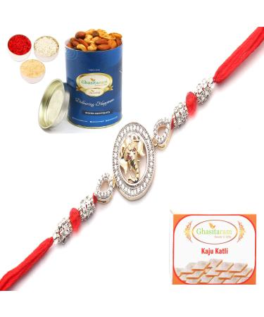 Ghasitaram Gifts Rakhi for Brother Rakhis Online - The Diamond Enchantess of Ganesha Blessings Rakhi with 100 GMS of Dryfruits Mix Can 200 GMS of Kaju katli Rakhi & 100g Dryfruits Mix Can 200g Kaju katli