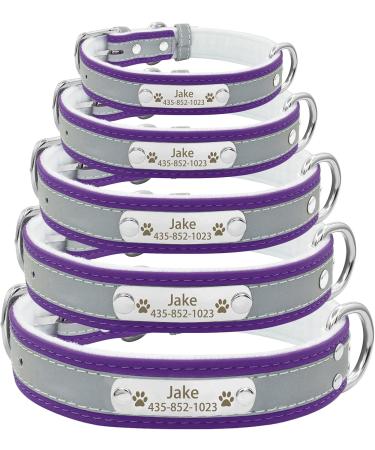 Senristar Personalized Reflective Leather Dog Collar - Engraved Name Tape for Small Medium & Large Dogs & Cats | 1.5cm Width 25-32cm Neck - Violet - Buy Online on GoSupps.com