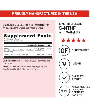 NatureWise L Methylfolate 15mg + B12 - L-Methylfolate 15mg + B12 Methylcobalamin 1000 mcg - Active 5-MTHF Form - Supports Mood & Energy - Vegan Non-GMO USA Manufactured - 60 Capsules 60-Day Supply  - Buy Online on GoSupps.com