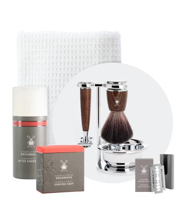 M HLE Rytmo shaving set 8 pcs. - brush razor and stand chrome-plated base blade soap cloth after shave - fine ash - Buy Online on GoSupps.com