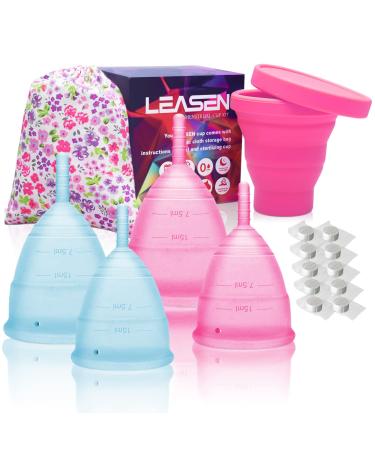 LEASEN Menstral Cup - Set of 4 Reusable Period Cups for Feminine Care - Premium Design with Soft, Flexible, Medical-Grade Silicone - with Menstrual Cup Sterilizer Period Kit Blue+pink-s/L(4p)