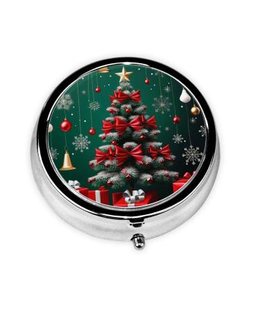 Christmas Trees and Presents Portable Metal Pill Box Round Mini 3-Compartment Plastic Insert hinged Fastening Design Suitable for Small Pills Must-Have for Travel Black