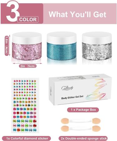 Creamify Face Body Glitter Gel - Pink, Silver & Blue Glitter with Gems Sticker - Rave & Mermaid Makeup - 65g - Buy Online on GoSupps.com