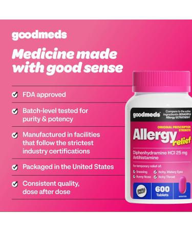 GoodMeds Allergy Medicine Antihistamine Diphenhydramine HCl 25 mg | Children and Adults | Relieve Itchy Eyes Runny Nose Sneezing (25 mg 600 Tablets) - Buy Online on GoSupps.com