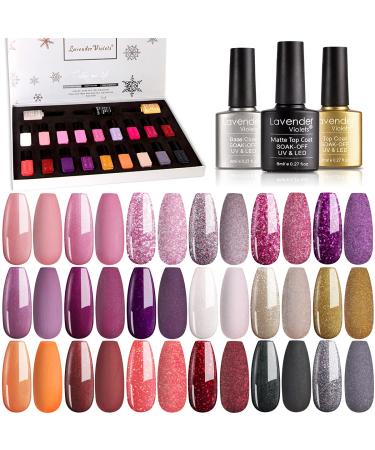 Lavender Violets Gel Nail Polish Kit 18+3 Colors Silver Purple Soak-off UV LED Nail Gel with Base Matte and Glossy Top Coat Trendy Shimmer 0.16 Fl Oz (Pack of 21)