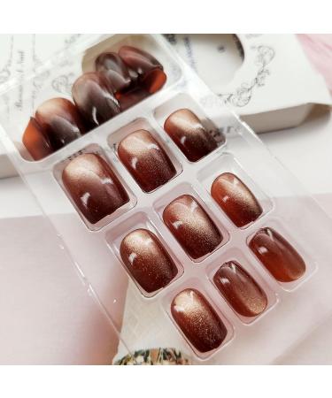 Shop Short Press on Nails - Square Cat Eye Acrylic Nails | Glossy Brown Full Cover False Nails - 24 Pcs for Women - Buy Online on GoSupps.com